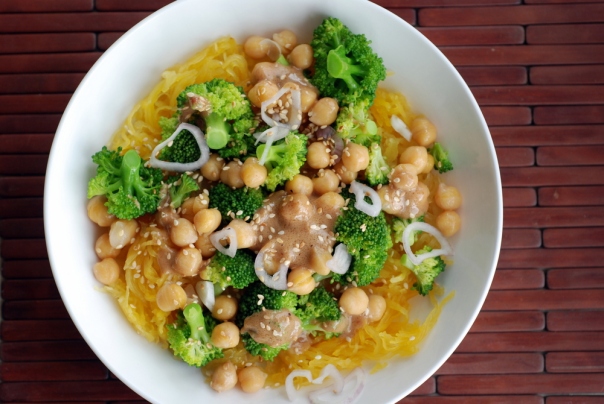 Broccoli and Spaghetti Squash Noodle Bowl with a Peanut-Miso Sauce