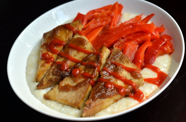 Maple-Sriracha Tofu with Roasted Red Peppers &amp; Creamy Grits